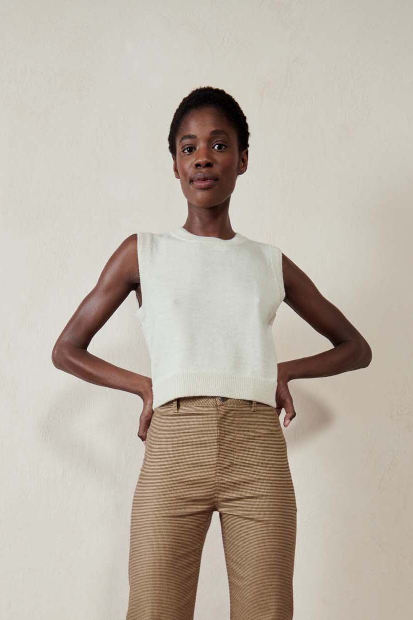 slightly cropped fine knit alpaca sweater vest in an off white