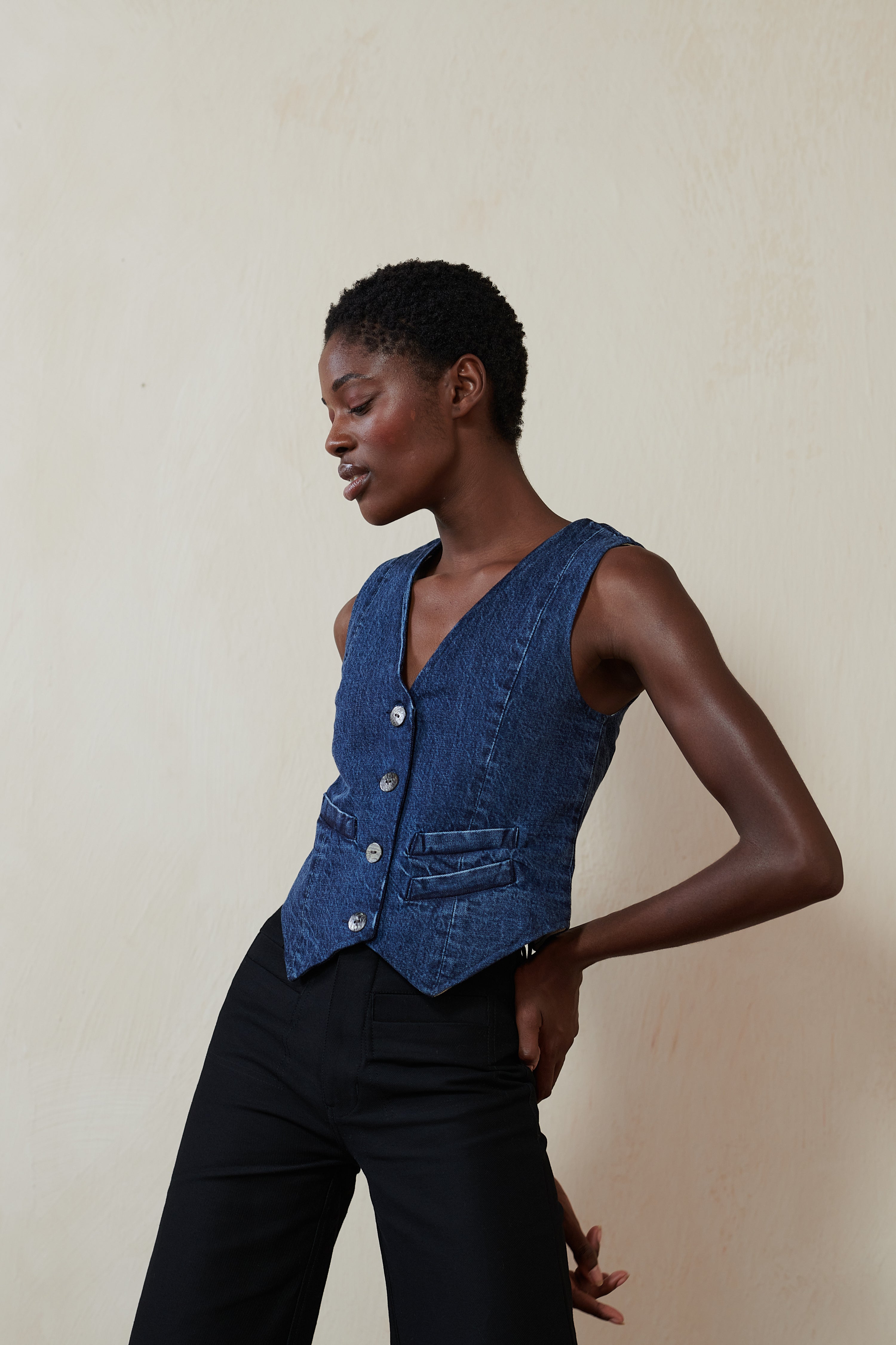 FARRA VEST | denim | organic + earth dyed